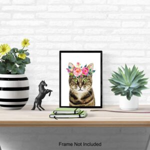 Tabby Cat Wall Art Decor - Kitten, Kitty, Cat Lover Gifts for Women - Cute Floral Wall Art Poster - Adorable Room Decoration for Girls Bedroom, Kids Room, Living Room, Baby Nursery