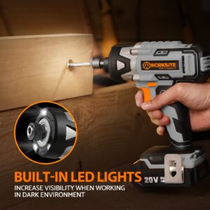 WORKSITE Cordless Impact Driver Kit, 2655 In-lbs (300N.m) Max Torque, 1/4" Hex Impact Drill, Variable Speed, 2.0A Battery & 1 Hour Fast Charger, 26 Pieces Impact Driver Bits and Tool Bag