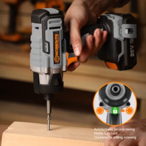 WORKSITE Cordless Impact Driver Kit, 2655 In-lbs (300N.m) Max Torque, 1/4" Hex Impact Drill, Variable Speed, 2.0A Battery & 1 Hour Fast Charger, 26 Pieces Impact Driver Bits and Tool Bag