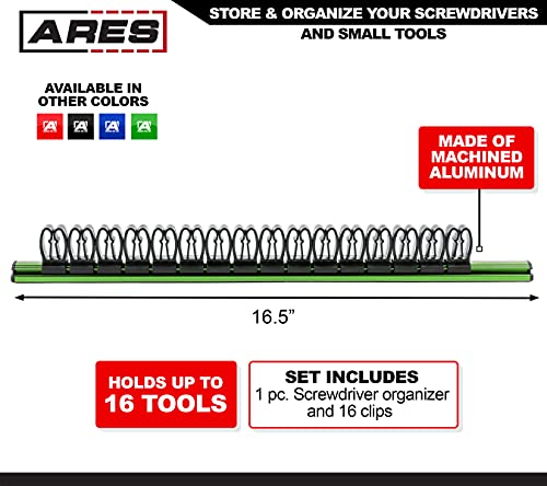 ARES 62028 - Green 16.5-Inch Hand Tool Holder - Aluminum Rail Stores up to 16 Screwdrivers or Small Tools and Keeps Your Garage Organized