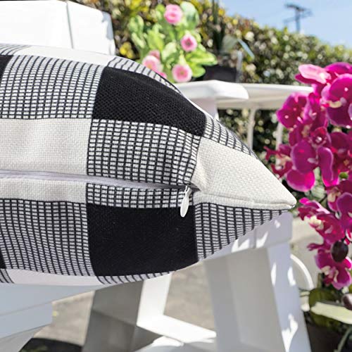 famibay Outdoor Pillow Covers 18x18 Waterproof, Decorative Outdoor Pillows for Patio Furniture Plaid Patio Pillows Outdoor Waterproof Farmhouse Patio Pillow Covers Black and White(Set of 2)