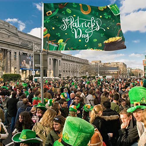 Probsin St Patricks Day Flags 3x5 Ft Double Printed Shamrocks Hat Gold Coins Backdrop Irish Holiday Decorations Ireland Party Supplies Wall Decor for Outdoor Indoor Garden Home House Garage Gift