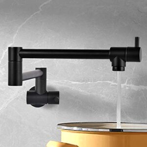 valisy lead-free solid brass single hole two handle matte black wall mount pot filler faucet，copper faucets for kitchen sink & stove folding stretchable with 360° swivel double joint swing arm