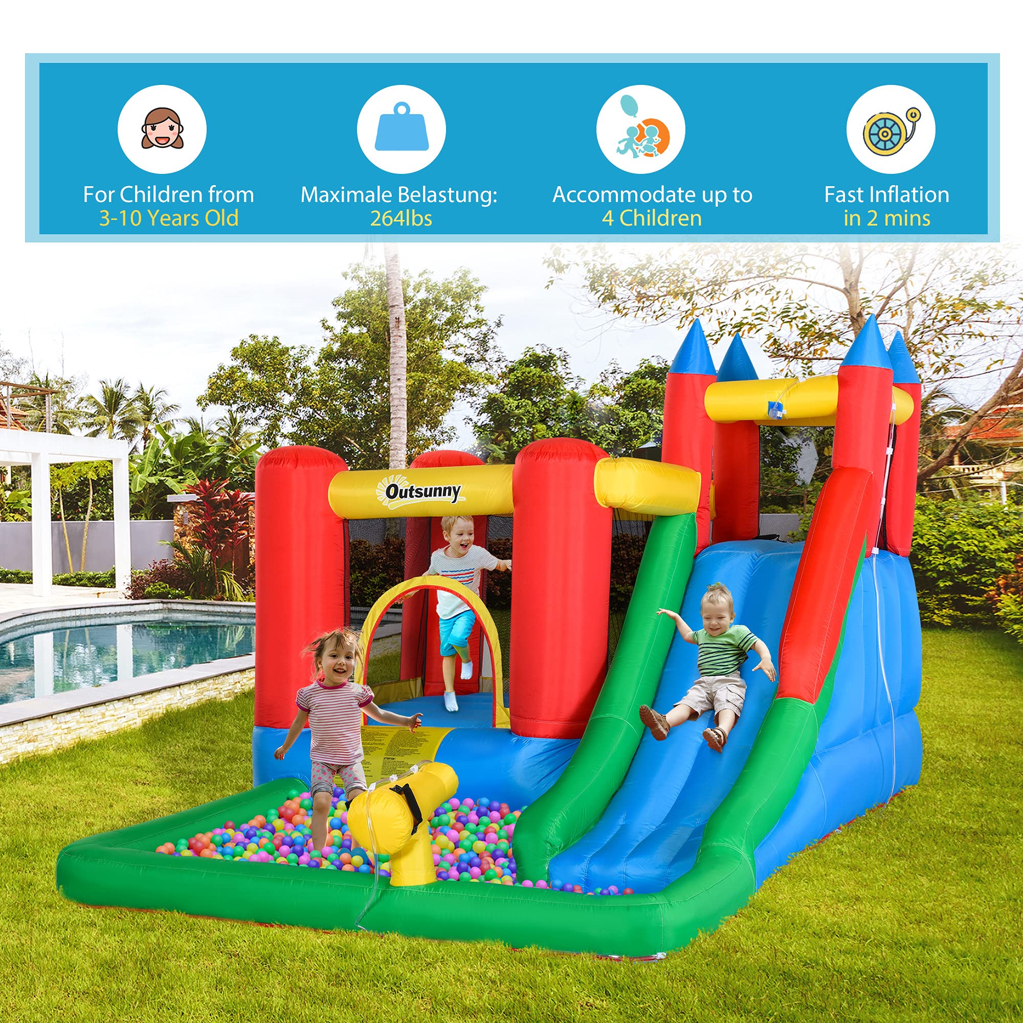 Outsunny 6-in-1 Kids Bounce House Inflatable Water Slide with Pool, Water Cannon, Climbing Wall, Inflator Included, Jumping Castle Kids Backyard Activity Outdoor Water Play Toy