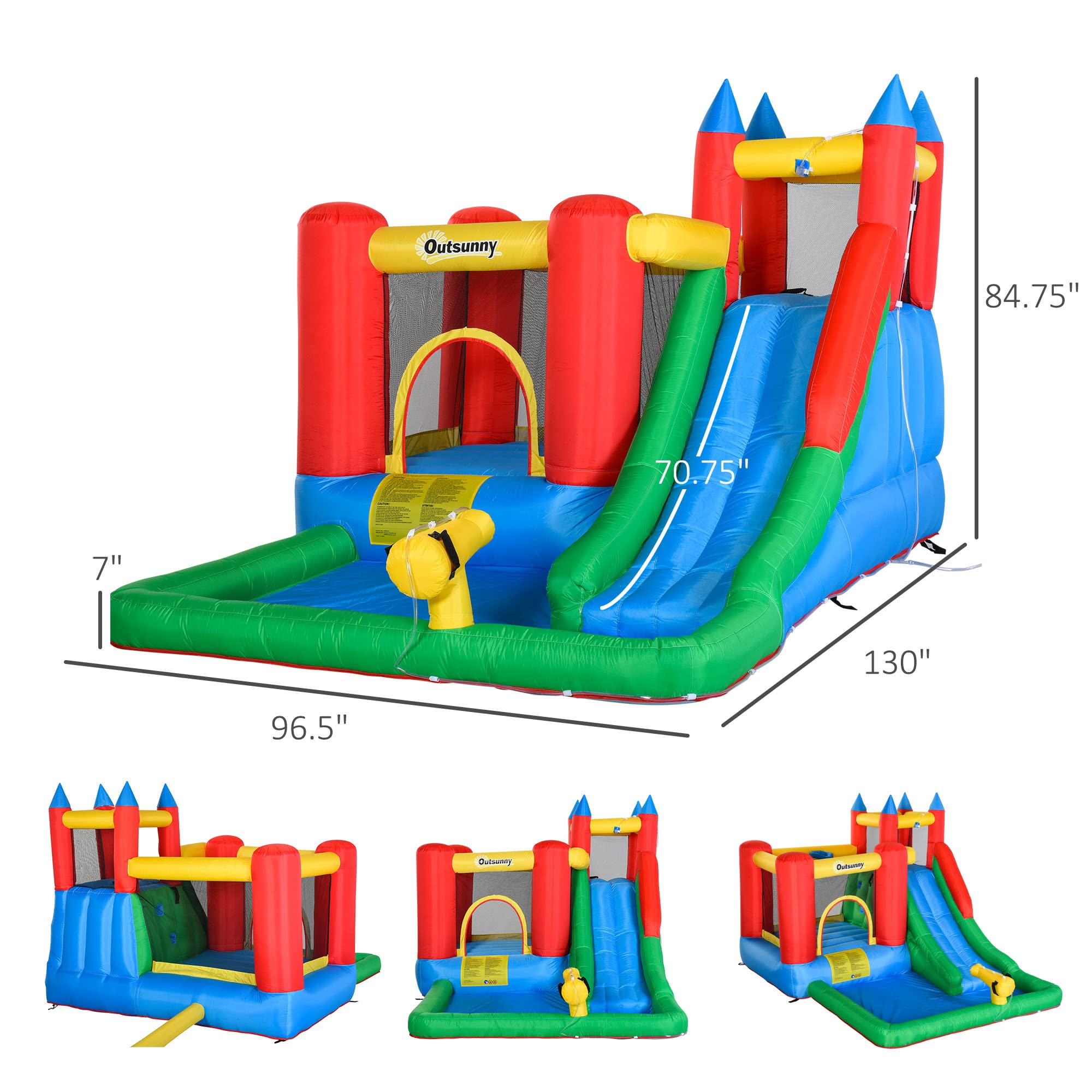 Outsunny 6-in-1 Kids Bounce House Inflatable Water Slide with Pool, Water Cannon, Climbing Wall, Inflator Included, Jumping Castle Kids Backyard Activity Outdoor Water Play Toy