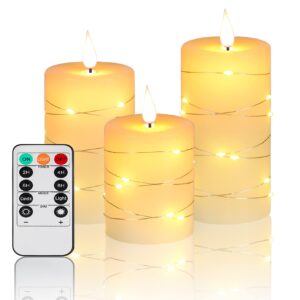 flameless candles with remote, battery operated candles led candles with string lights flickering candles with timer, 4‘’ 5‘’ 6‘’ candle for seasonal and festival celebration’s candles set of 3