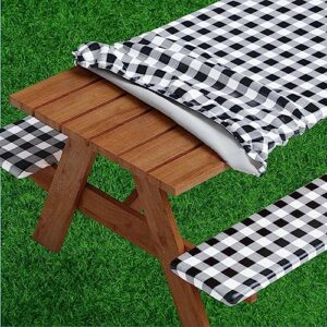 picnic table cover with bench covers -fitted with elastic, vinyl with flannel back, fits for table 28"x 72" rectangle,water proof, checked black design, by sorfey