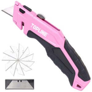topline retractable pink utility knife, retractable pink box cutter, blade storage design, 18-piece sk5 blades and a dispenser included (1 pack(pink))