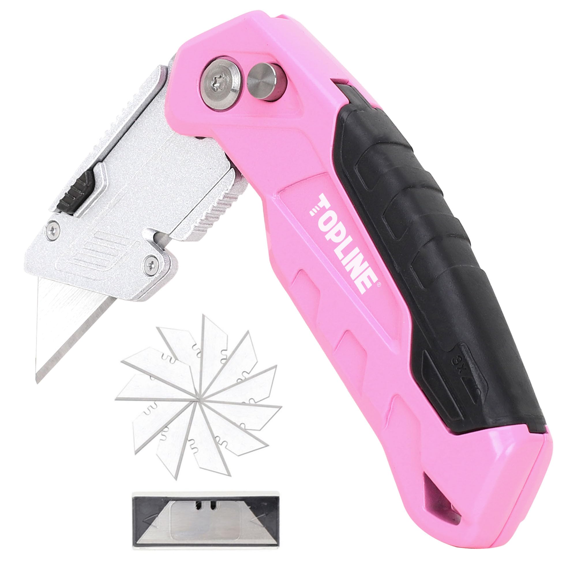 TOPLINE Folding Pink Utility Knife, Pocket Folding Pink Box Cutter, Blade Storage Design, 18-Piece SK5 Blades and a Dispenser Included (1 PACK(PINK))