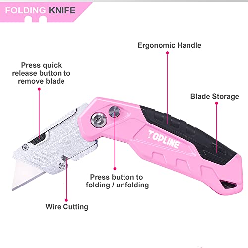 TOPLINE Folding Pink Utility Knife, Pocket Folding Pink Box Cutter, Blade Storage Design, 18-Piece SK5 Blades and a Dispenser Included (1 PACK(PINK))