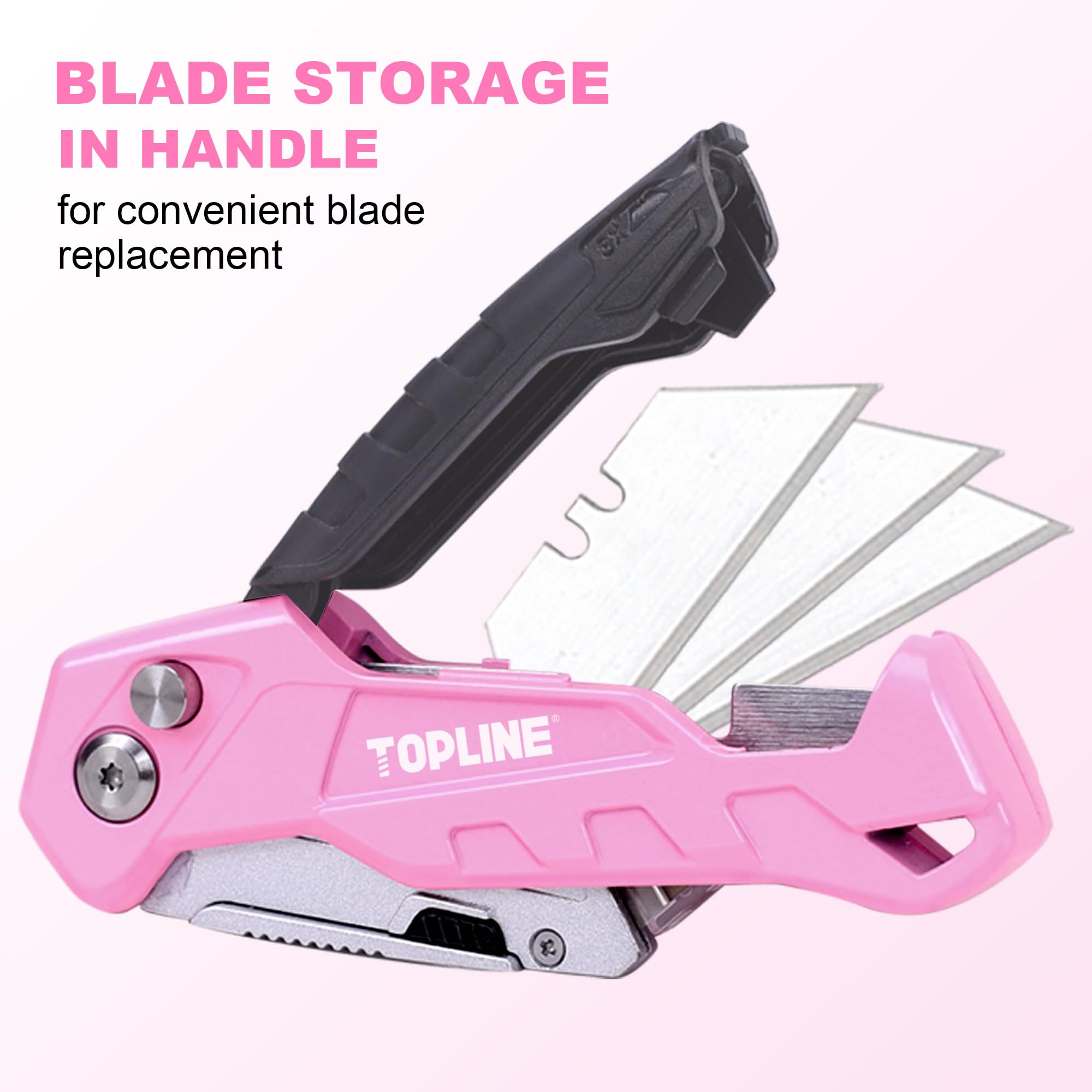 TOPLINE Folding Pink Utility Knife, Pocket Folding Pink Box Cutter, Blade Storage Design, 18-Piece SK5 Blades and a Dispenser Included (1 PACK(PINK))