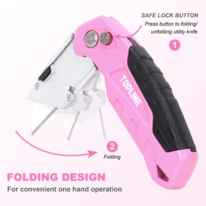 TOPLINE Folding Pink Utility Knife, Pocket Folding Pink Box Cutter, Blade Storage Design, 18-Piece SK5 Blades and a Dispenser Included (1 PACK(PINK))