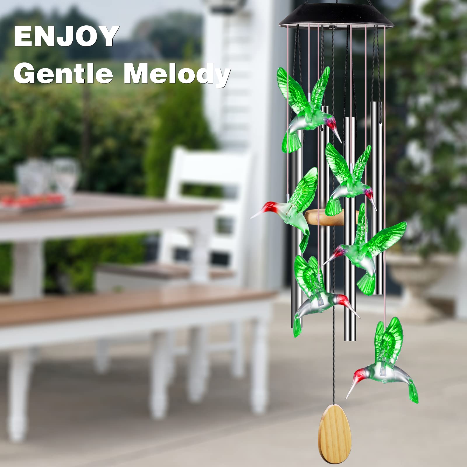 DesGully Wind Chimes,Hummingbird Solar Wind Chimes for Outside,Aluminum Tubes Memorial Wind Bell for Garden/Patio Decor Thanksgiving Gifts for Mom, Wife, Grandma Neighbors(25 Inch Deep Tone)