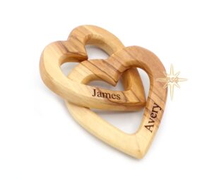 customized gifts, olive wood hearts, personalized valentines day gift, together forever, unique and cute for engagement, wedding, anniversary, interwind interlocking hearts for her, him, wife, husband