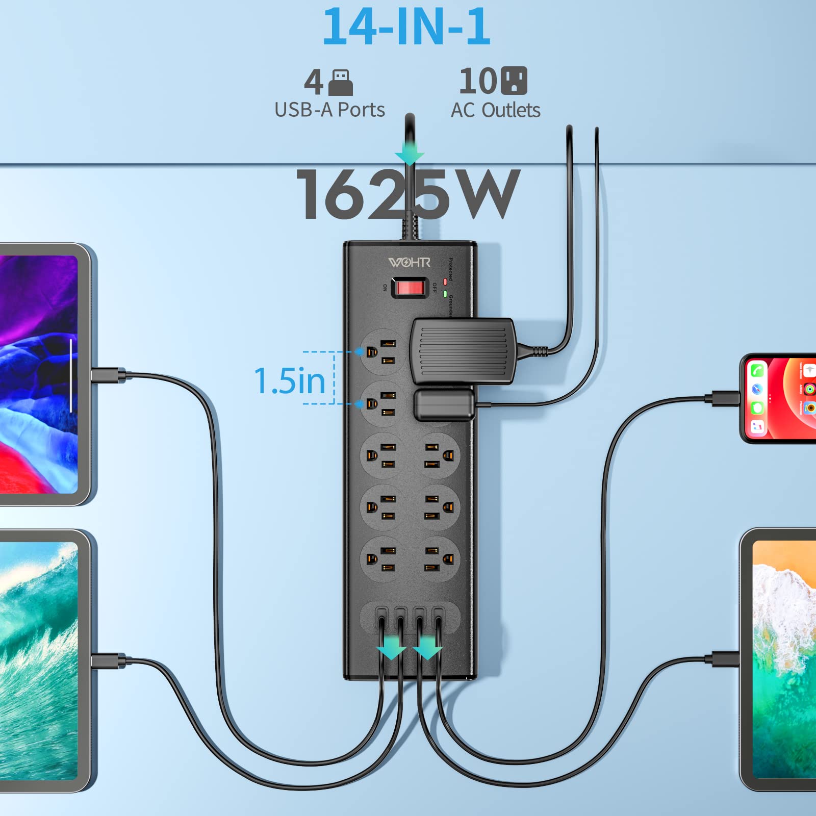 Power Strip with PD 20W USB C Port, Wohtr Surge Protector with 10 AC Outlets & 4 USB Ports (1 USB-C, 3 USB-A), 1875W/2370J, 6ft Heavy Duty Extension Cord, Flat Plug,Wall Mount, Overload Protection