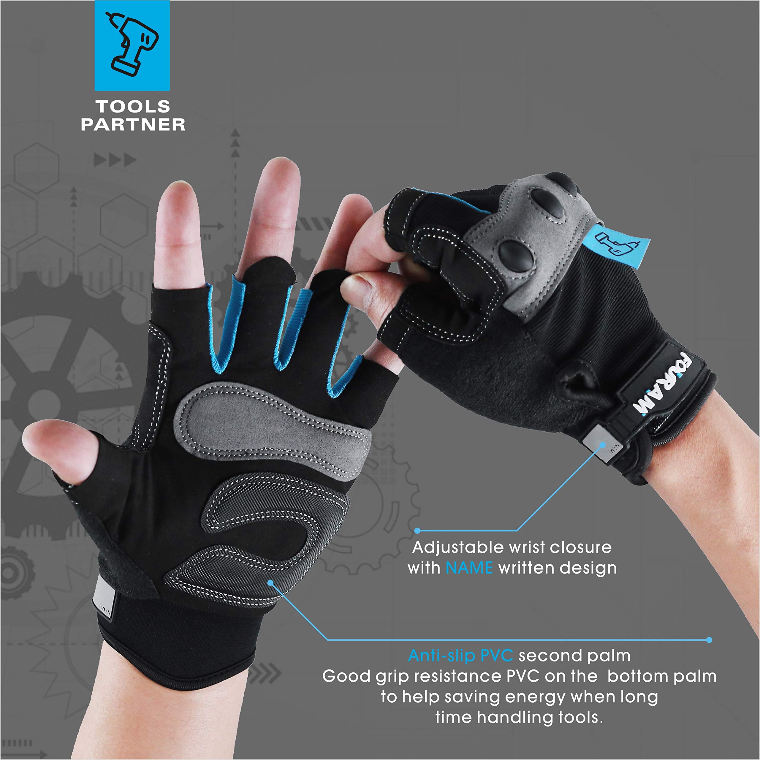 FOUR-AM Work gloves Men Fingerless Mechanic Gloves Shock-Grip, Anti-Collision For Men Women(Blue, Large)
