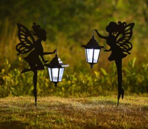 chuangfeng metal fairy stake solar light outdoor decoration garden solar fairy stake statues decor with solar lanterns for lawn patio or courtyard decor 2 pcs