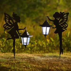 CHUANGFENG Metal Fairy Stake Solar Light Outdoor Decoration Garden Solar Fairy Stake Statues Decor with Solar Lanterns for Lawn Patio or Courtyard Decor 2 pcs