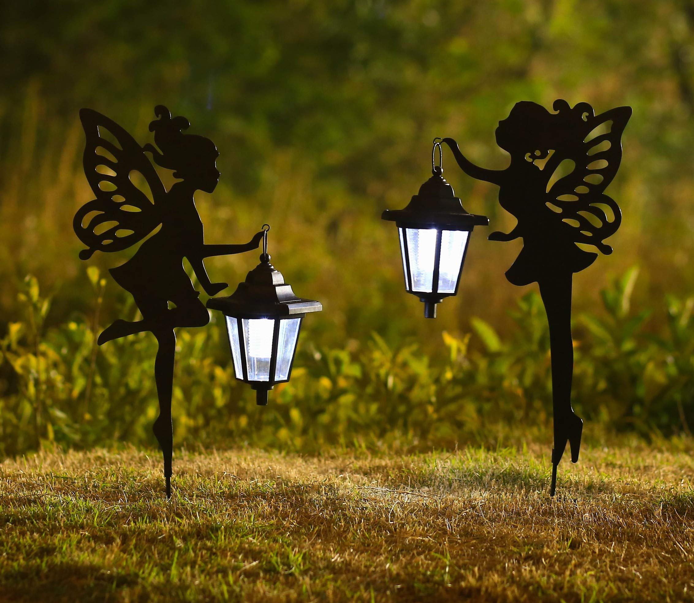 CHUANGFENG Metal Fairy Stake Solar Light Outdoor Decoration Garden Solar Fairy Stake Statues Decor with Solar Lanterns for Lawn Patio or Courtyard Decor 2 pcs