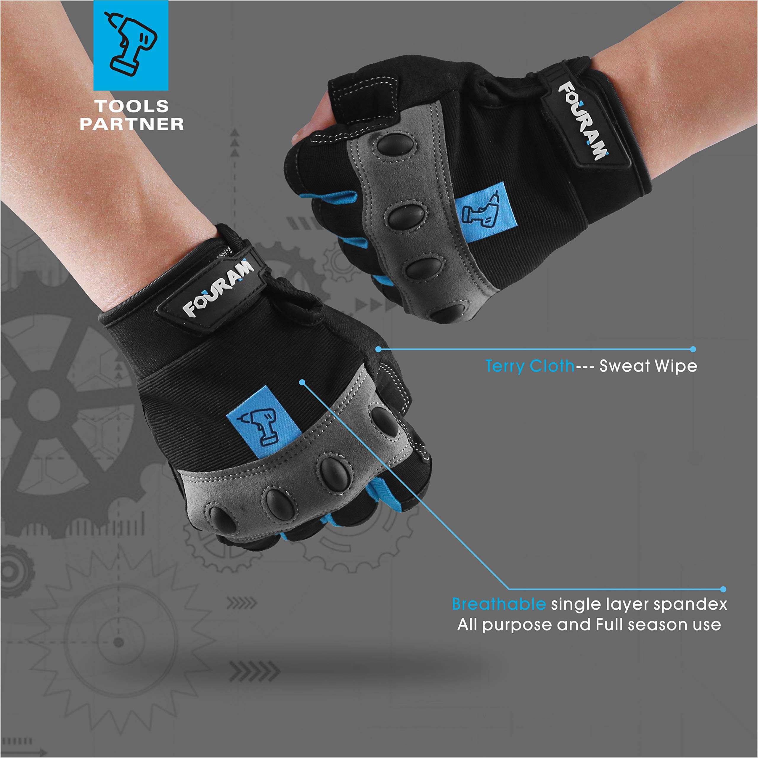 FOUR-AM Work gloves Men Fingerless Mechanic Gloves Shock-Grip, Anti-Collision For Men Women(Blue, Large)