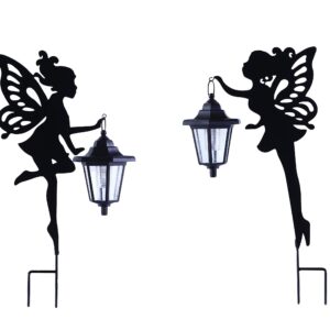 CHUANGFENG Metal Fairy Stake Solar Light Outdoor Decoration Garden Solar Fairy Stake Statues Decor with Solar Lanterns for Lawn Patio or Courtyard Decor 2 pcs