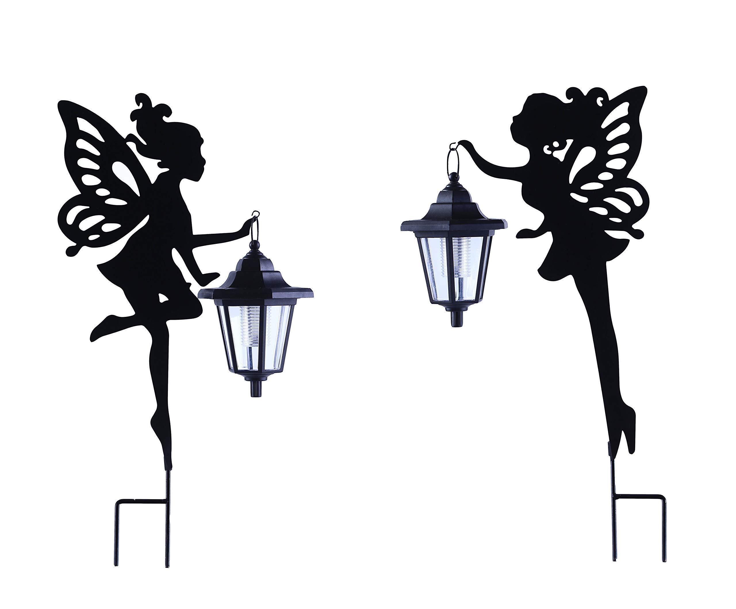 CHUANGFENG Metal Fairy Stake Solar Light Outdoor Decoration Garden Solar Fairy Stake Statues Decor with Solar Lanterns for Lawn Patio or Courtyard Decor 2 pcs