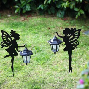 CHUANGFENG Metal Fairy Stake Solar Light Outdoor Decoration Garden Solar Fairy Stake Statues Decor with Solar Lanterns for Lawn Patio or Courtyard Decor 2 pcs