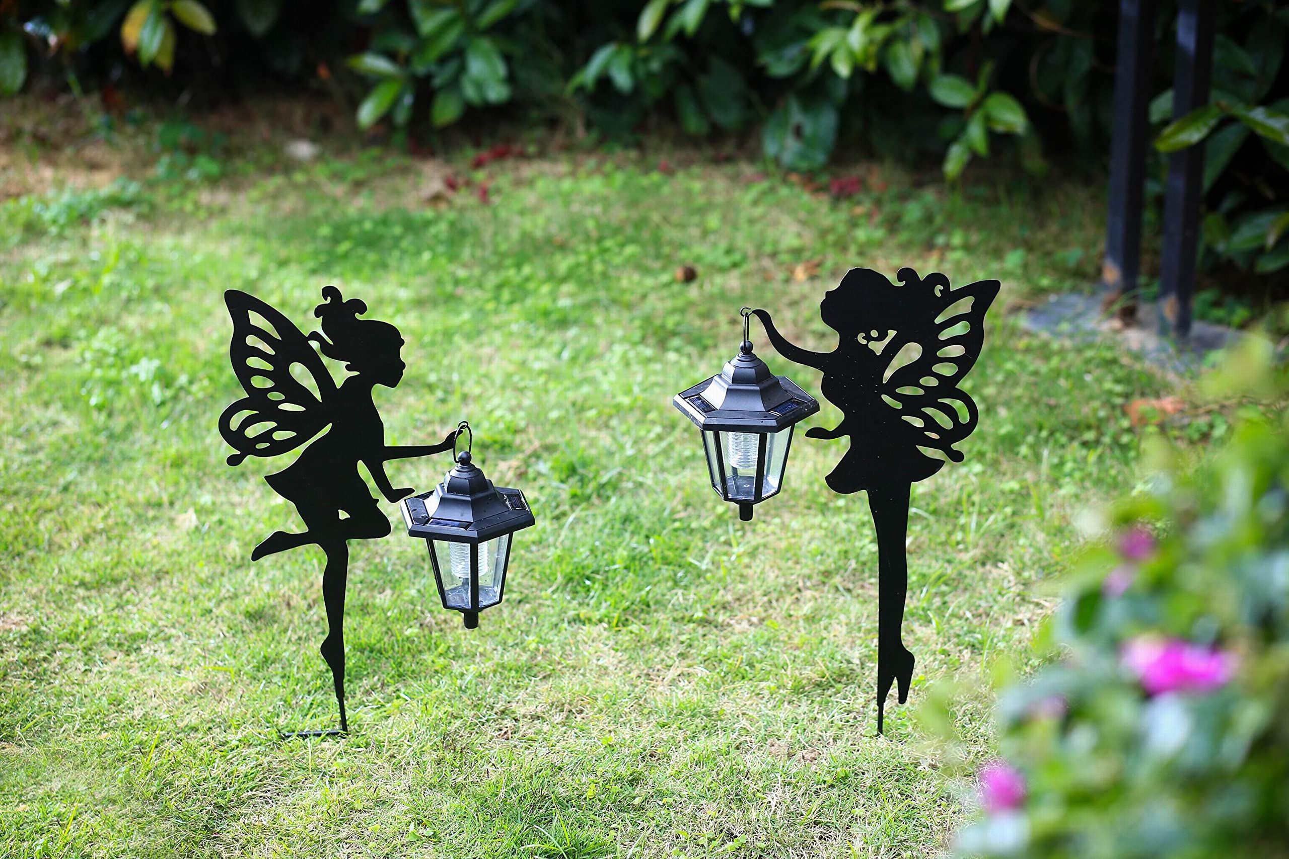 CHUANGFENG Metal Fairy Stake Solar Light Outdoor Decoration Garden Solar Fairy Stake Statues Decor with Solar Lanterns for Lawn Patio or Courtyard Decor 2 pcs