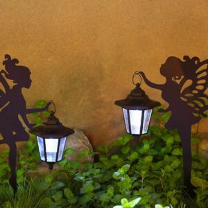 CHUANGFENG Metal Fairy Stake Solar Light Outdoor Decoration Garden Solar Fairy Stake Statues Decor with Solar Lanterns for Lawn Patio or Courtyard Decor 2 pcs