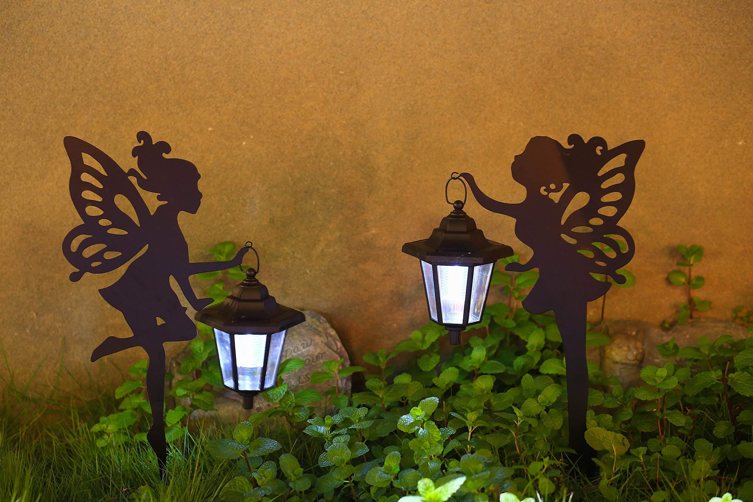 CHUANGFENG Metal Fairy Stake Solar Light Outdoor Decoration Garden Solar Fairy Stake Statues Decor with Solar Lanterns for Lawn Patio or Courtyard Decor 2 pcs