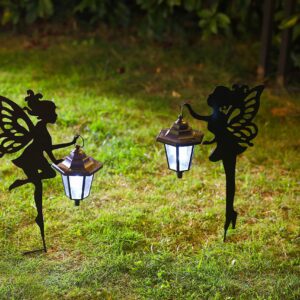 CHUANGFENG Metal Fairy Stake Solar Light Outdoor Decoration Garden Solar Fairy Stake Statues Decor with Solar Lanterns for Lawn Patio or Courtyard Decor 2 pcs