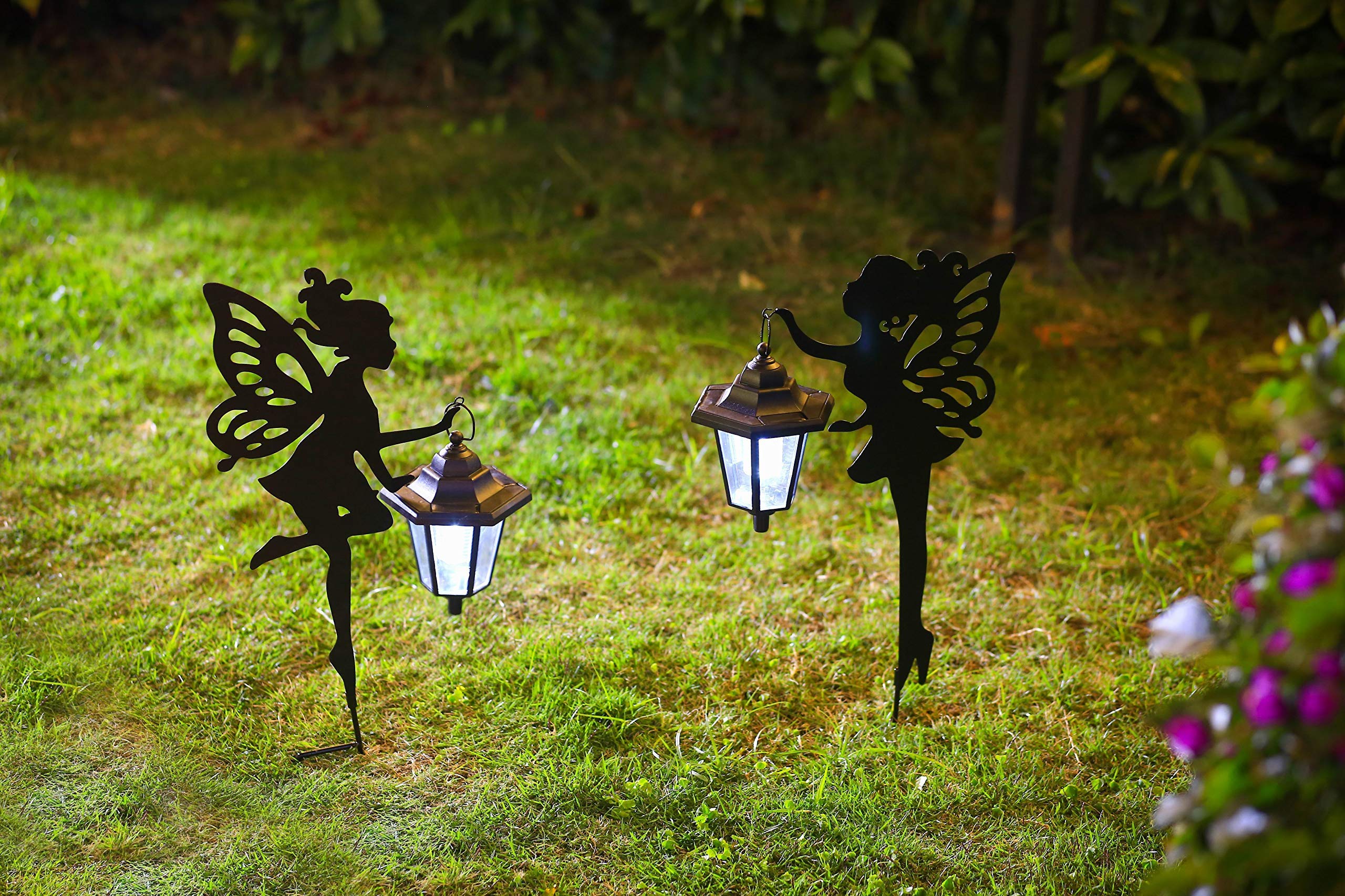 CHUANGFENG Metal Fairy Stake Solar Light Outdoor Decoration Garden Solar Fairy Stake Statues Decor with Solar Lanterns for Lawn Patio or Courtyard Decor 2 pcs