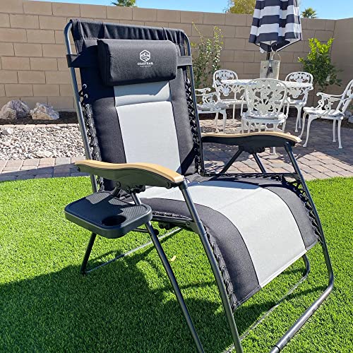 Coastrail Outdoor Zero Gravity Chair Wood Armrest XXL Camping Lounge Chair Patio Recliner Support 400lbs Padded Reclining Chair Folding Lawn Chair with Side Table