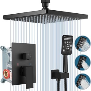 midanya matte black shower system ceiling mount abs 12 inch rain shower head with 3 functions abs handheld spray luxury high pressure shower combo set rough-in valve and shower trim