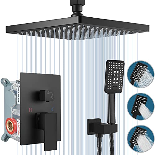 Midanya Matte Black Shower System Ceiling Mount ABS 12 Inch Rain Shower Head with 3 Functions ABS Handheld Spray Luxury High Pressure Shower Combo Set Rough-in Valve and Shower Trim