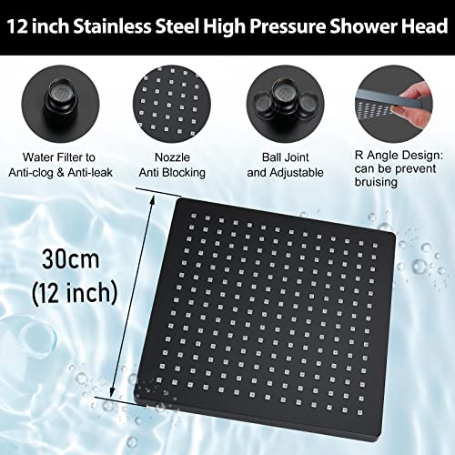 Midanya Matte Black Shower System Ceiling Mount ABS 12 Inch Rain Shower Head with 3 Functions ABS Handheld Spray Luxury High Pressure Shower Combo Set Rough-in Valve and Shower Trim