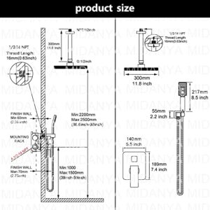 Midanya Matte Black Shower System Ceiling Mount ABS 12 Inch Rain Shower Head with 3 Functions ABS Handheld Spray Luxury High Pressure Shower Combo Set Rough-in Valve and Shower Trim