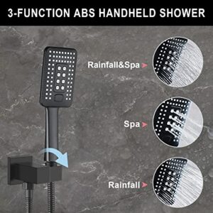 Midanya Matte Black Shower System Ceiling Mount ABS 12 Inch Rain Shower Head with 3 Functions ABS Handheld Spray Luxury High Pressure Shower Combo Set Rough-in Valve and Shower Trim