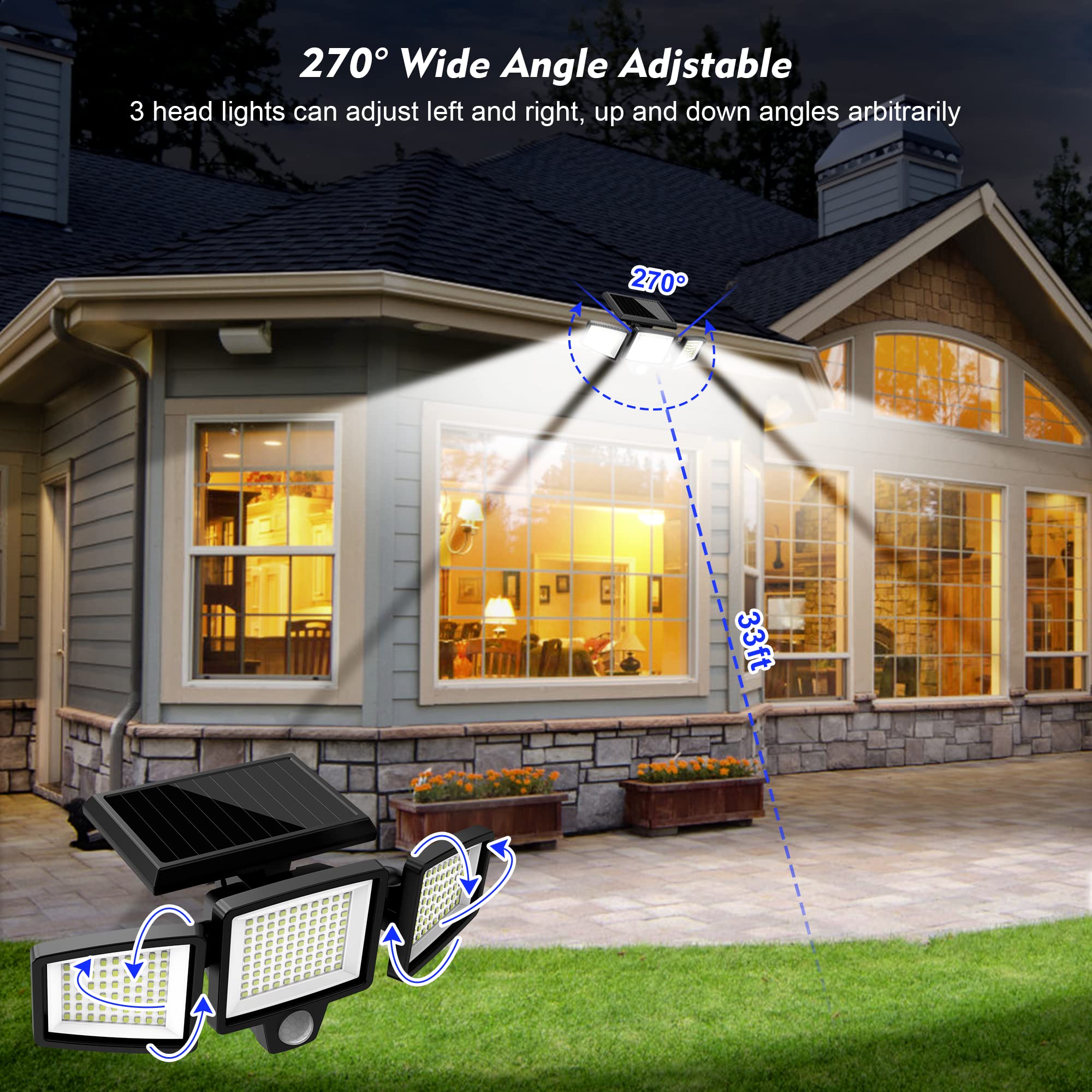 WWimy Solar Lights Outdoor, 210 LED 2500LM Motion Sensor with Remote Control, 3 Heads Security Flood Lights, IP65 Waterproof, 270° Wide Angle Illumination Wall Modes(2 Packs)