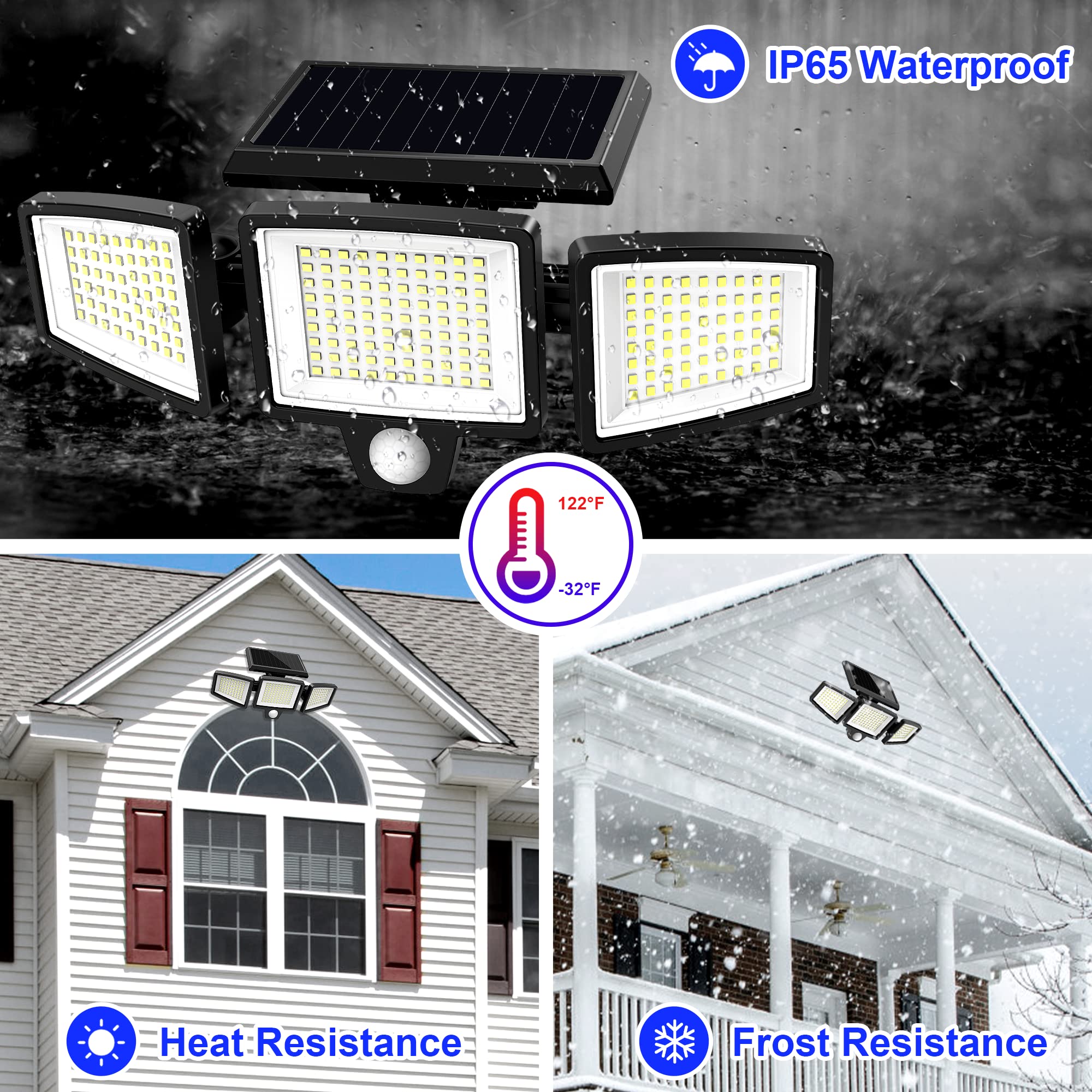 WWimy Solar Lights Outdoor, 210 LED 2500LM Motion Sensor with Remote Control, 3 Heads Security Flood Lights, IP65 Waterproof, 270° Wide Angle Illumination Wall Modes(2 Packs)