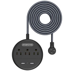 braided extension cord 15ft, ntonpower flat plug power strip long cord with 3 outlets 2 usb, etl listed, compact desktop charging station wall mount for home office dorm essentials, black
