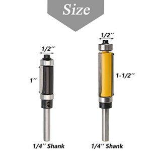 Mesee 2 Pieces Top & Bottom Bearing Flush Trim Router Bit Set, 1/4 Inch Shank Pattern Template Trimming Router Bits with Bearing Guide Woodworking Milling Cutter Tool - Cutting Height 1" & 1-1/2"