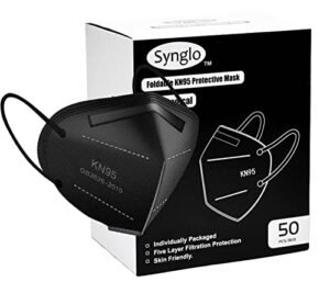 synglo kn95 black face masks, pack of 50, individually wrapped, 5-ply breathable safety mask, filter efficiency≥95%, suitable for home, work, restaurants, outdoors.