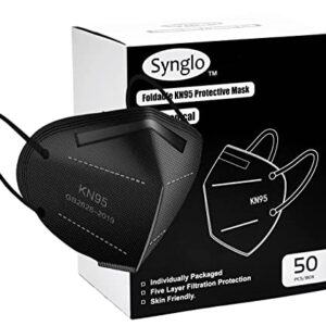 SYNGLO KN95 Black Face Masks, Pack of 50, Individually Wrapped, 5-Ply Breathable Safety Mask, Filter Efficiency≥95%, Suitable For Home, Work, Restaurants, Outdoors.