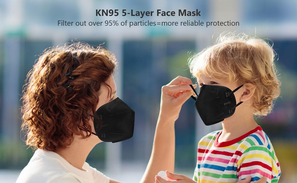 SYNGLO KN95 Black Face Masks, Pack of 50, Individually Wrapped, 5-Ply Breathable Safety Mask, Filter Efficiency≥95%, Suitable For Home, Work, Restaurants, Outdoors.