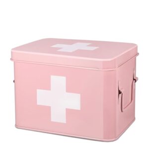 flexzion first aid box organizer, empty 8.5 inch pink vintage first aid kit tin metal medical box first aid storage box container bins with dividers, removable tray and cross logo