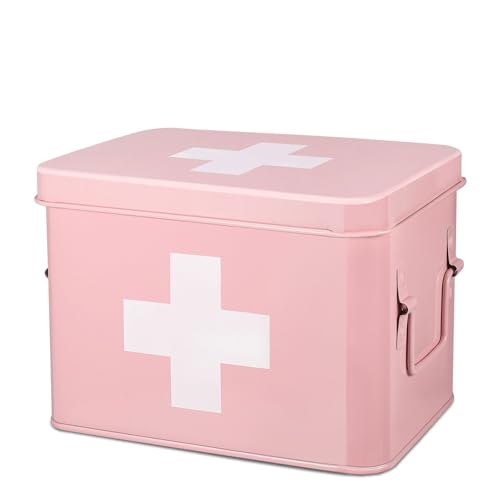 Flexzion First Aid Box Organizer, Empty 8.5 Inch Pink Vintage First Aid Kit Tin Metal Medical Box First Aid Storage Box Container Bins with Dividers, Removable Tray and Cross Logo