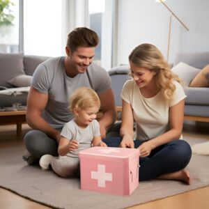 Flexzion First Aid Box Organizer, Empty 8.5 Inch Pink Vintage First Aid Kit Tin Metal Medical Box First Aid Storage Box Container Bins with Dividers, Removable Tray and Cross Logo