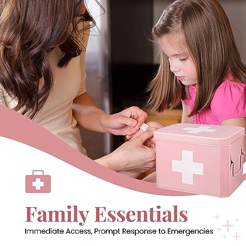 Flexzion First Aid Box Organizer, Empty 8.5 Inch Pink Vintage First Aid Kit Tin Metal Medical Box First Aid Storage Box Container Bins with Dividers, Removable Tray and Cross Logo