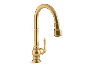 kohler artifacts® single-hole kitchen sink faucet with 17-5/8" pull-down spout and turned lever handle, docknetik secure docking system, and 3-function sprayhead,